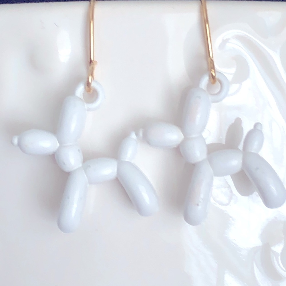 New Balloon Animal Puppy Dog Hand Crafted Earrings White Carnival Kids Party